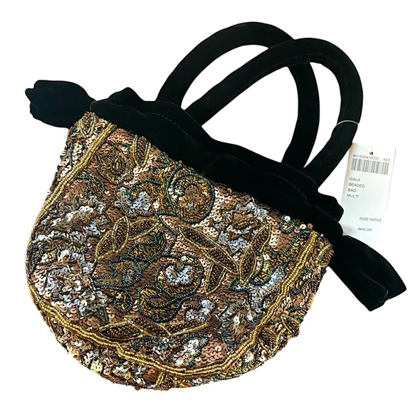 Chico’s Beaded Sequin Flapper 20s Great Gatsby Velvet Bucket Bag Purse Gold New - Picture 7 of 11